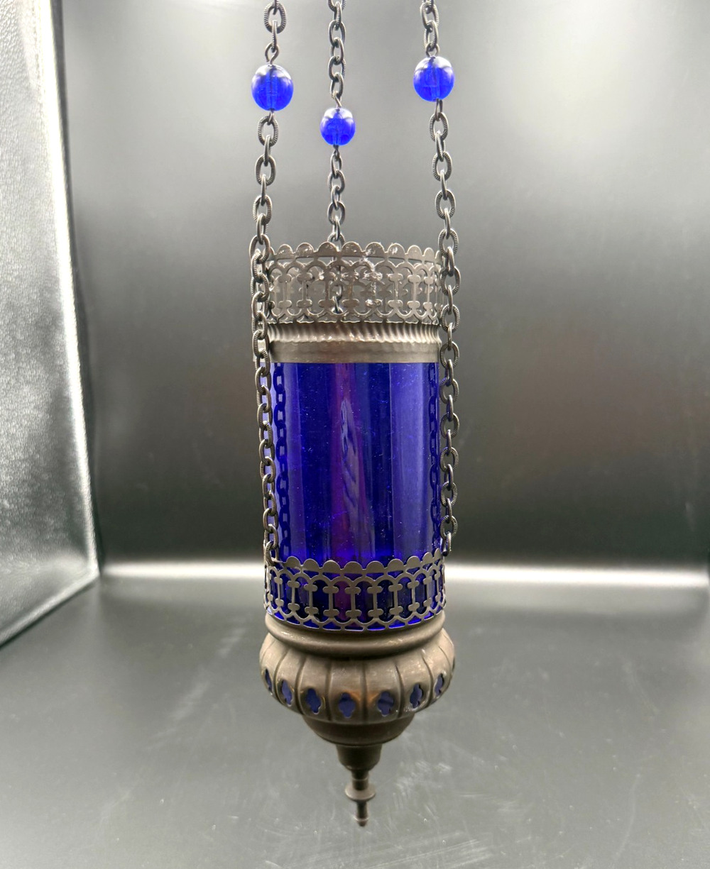 Hanging Metal Orthodox Sanctuary Vigil Lamp Candle Holder Cobalt Blue Ornate